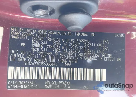 2005 Toyota Sienna Le z USA, uszkodzony, nr VIN 5TDZA23C35S366643